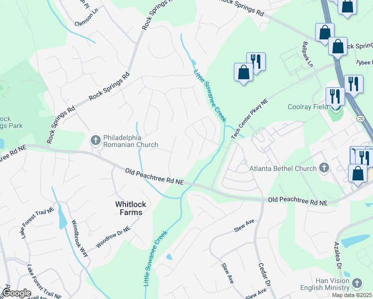 map of restaurants, bars, coffee shops, grocery stores, and more near 2662 Pierce Brennen Court Northeast in Lawrenceville