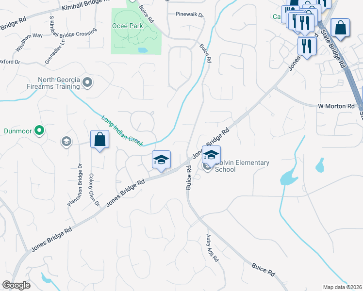map of restaurants, bars, coffee shops, grocery stores, and more near 10570 Buice Road in Alpharetta