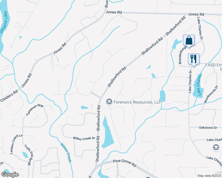 map of restaurants, bars, coffee shops, grocery stores, and more near 10565 Shallowford Road in Roswell