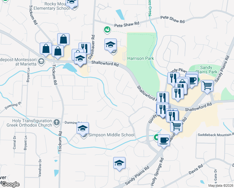 map of restaurants, bars, coffee shops, grocery stores, and more near 2680 Bonaire Terrace in Marietta