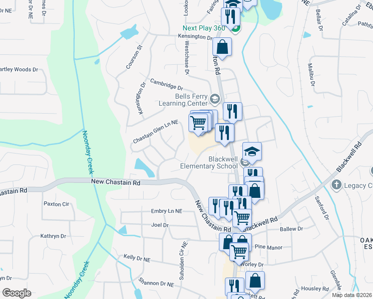 map of restaurants, bars, coffee shops, grocery stores, and more near 3432 Chastain Glen Lane in Marietta