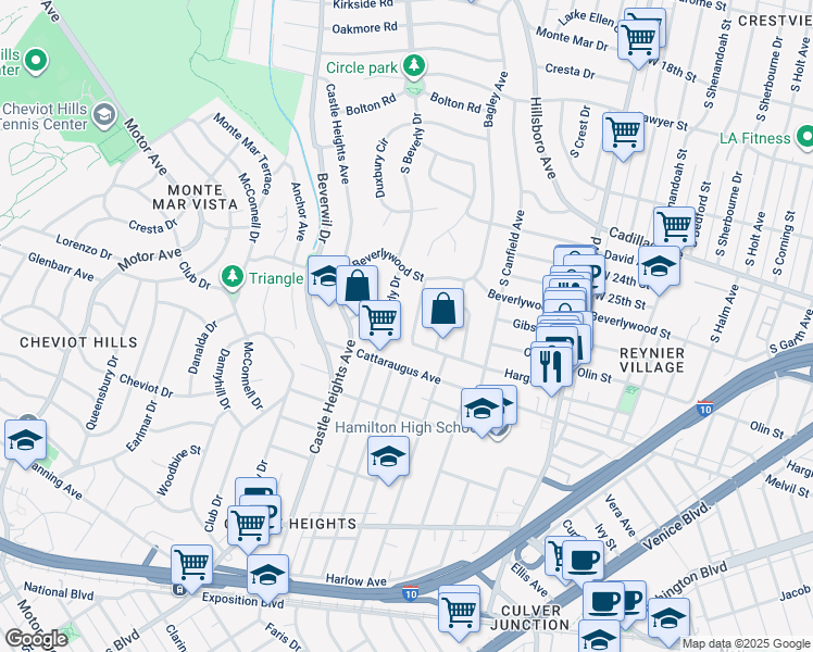 map of restaurants, bars, coffee shops, grocery stores, and more near 2803 Cardiff Avenue in Los Angeles