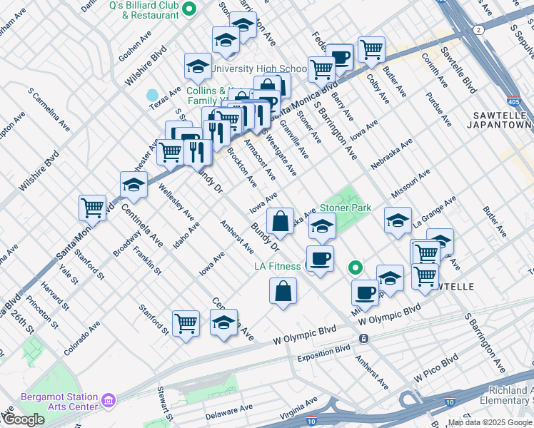 map of restaurants, bars, coffee shops, grocery stores, and more near 1730 Brockton Avenue in Los Angeles