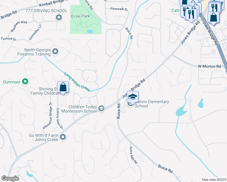 map of restaurants, bars, coffee shops, grocery stores, and more near 10570 Buice Road in Alpharetta