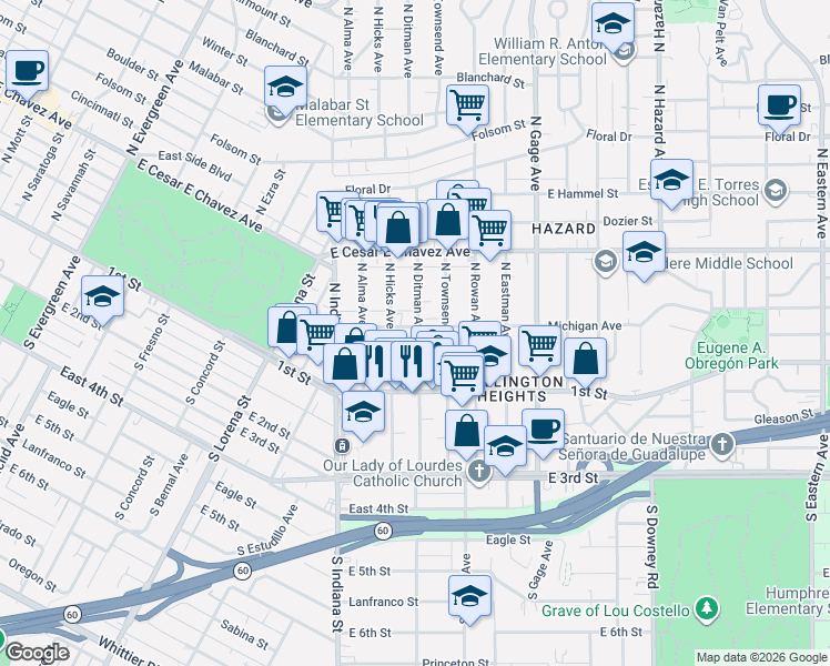 map of restaurants, bars, coffee shops, grocery stores, and more near 171 North Ditman Avenue in Los Angeles