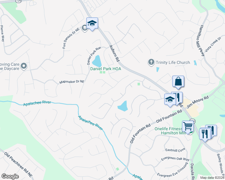 map of restaurants, bars, coffee shops, grocery stores, and more near 2767 High Creek Run in Dacula