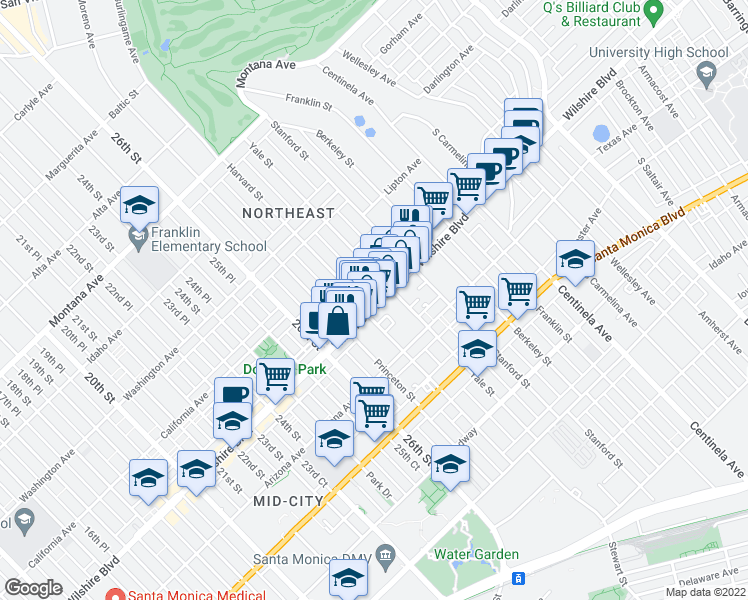 map of restaurants, bars, coffee shops, grocery stores, and more near 2811 Wilshire Boulevard in Santa Monica