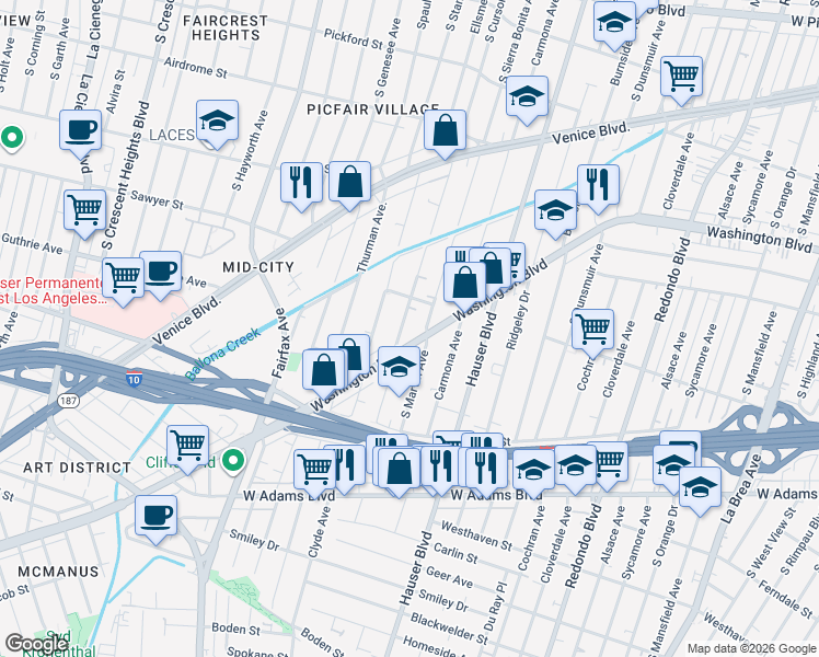 map of restaurants, bars, coffee shops, grocery stores, and more near 2121 South Marvin Avenue in Los Angeles