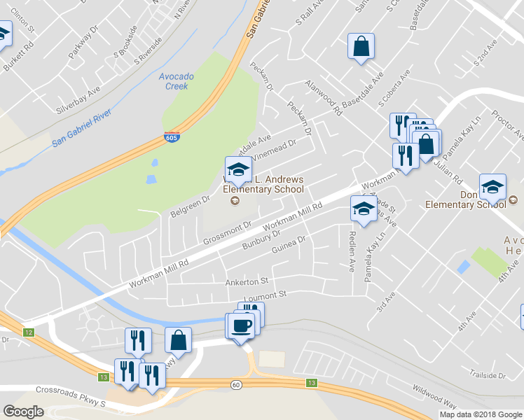map of restaurants, bars, coffee shops, grocery stores, and more near 1010 El Capitan Court in Whittier