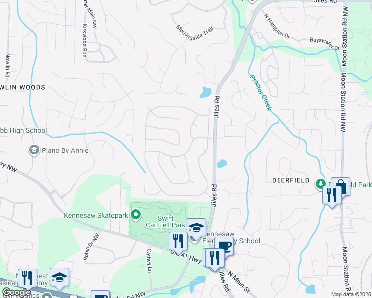 map of restaurants, bars, coffee shops, grocery stores, and more near 2628 English Oaks Lane Northwest in Kennesaw