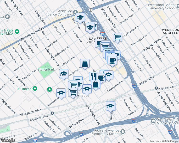 map of restaurants, bars, coffee shops, grocery stores, and more near 2038 Colby Avenue in Los Angeles