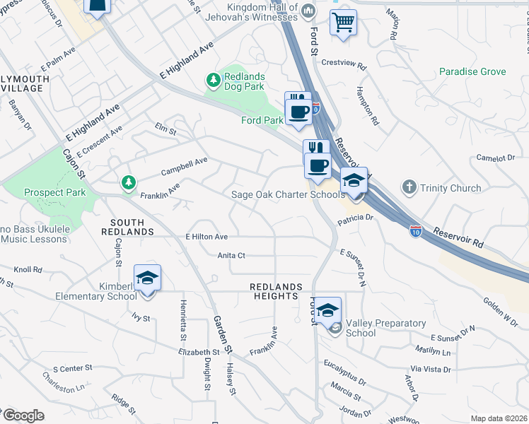 map of restaurants, bars, coffee shops, grocery stores, and more near 375 Franklin Avenue in Redlands