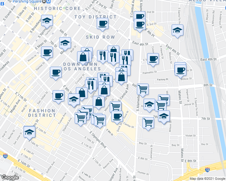 map of restaurants, bars, coffee shops, grocery stores, and more near 669 Kohler Street in Los Angeles