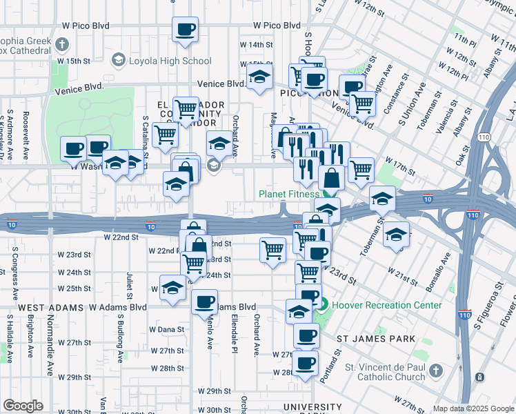 map of restaurants, bars, coffee shops, grocery stores, and more near 2002 Magnolia Avenue in Los Angeles