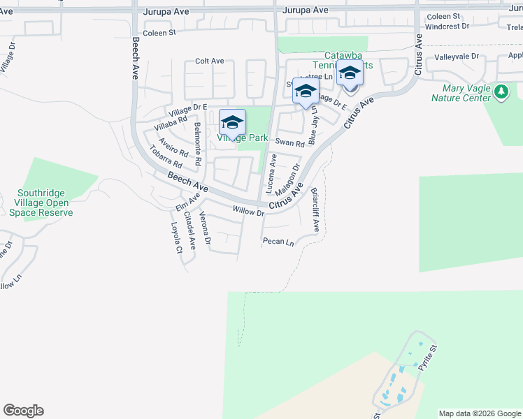 map of restaurants, bars, coffee shops, grocery stores, and more near 15630 Willow Drive in Fontana