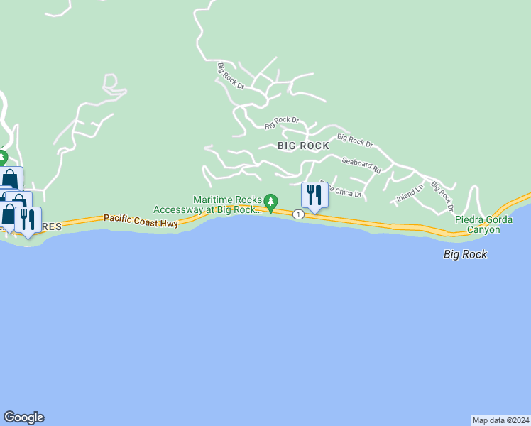 map of restaurants, bars, coffee shops, grocery stores, and more near 20518 Pacific Coast Highway in Malibu