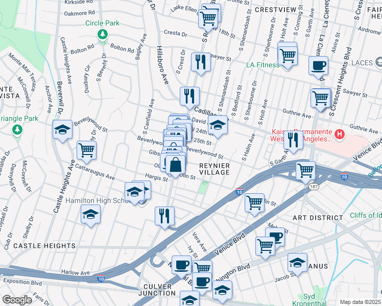 map of restaurants, bars, coffee shops, grocery stores, and more near 8950 Beverlywood Street in Los Angeles