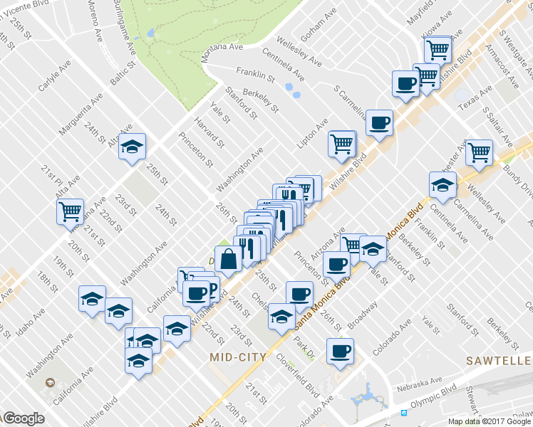 map of restaurants, bars, coffee shops, grocery stores, and more near 1121 Princeton Street in Santa Monica