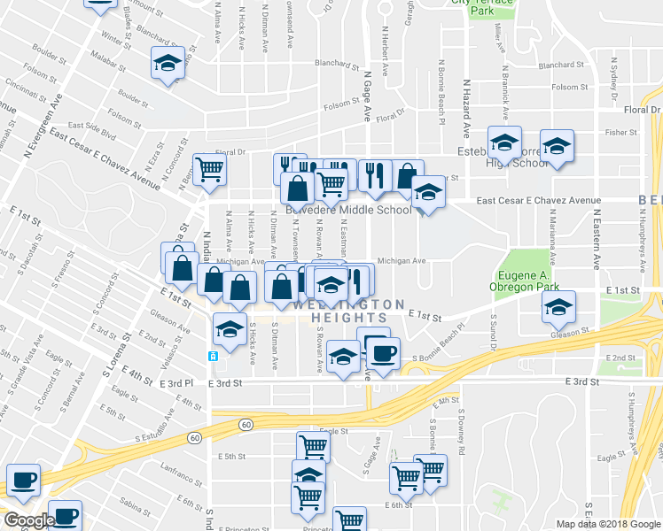 map of restaurants, bars, coffee shops, grocery stores, and more near 3646 Michigan Avenue in Los Angeles