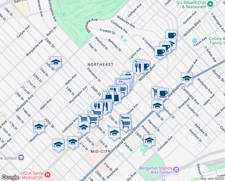 map of restaurants, bars, coffee shops, grocery stores, and more near 1121 Princeton Street in Santa Monica