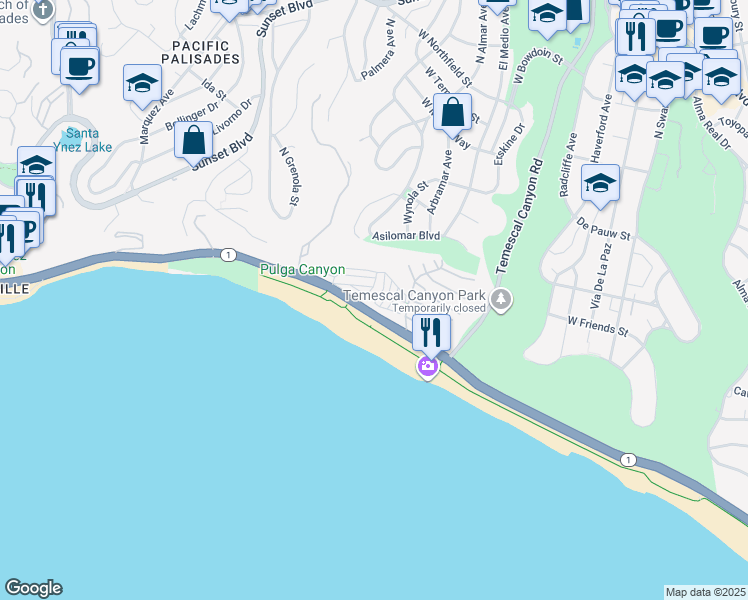 map of restaurants, bars, coffee shops, grocery stores, and more near 100 Terrace Place in Los Angeles