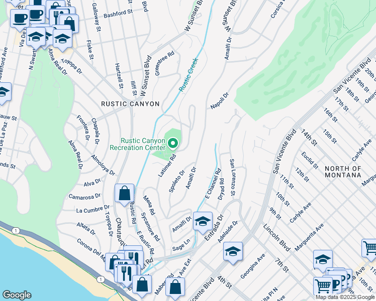 map of restaurants, bars, coffee shops, grocery stores, and more near 33 Haldeman Road in Santa Monica