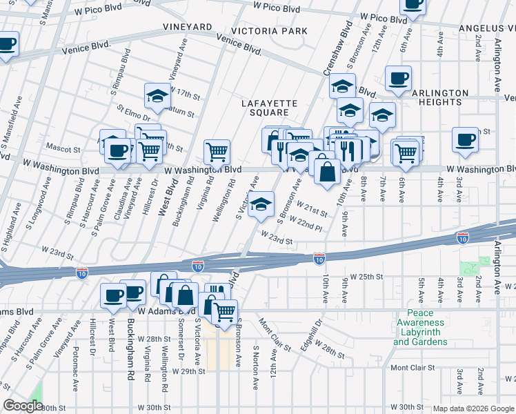 map of restaurants, bars, coffee shops, grocery stores, and more near 2216 Crenshaw Boulevard in Los Angeles