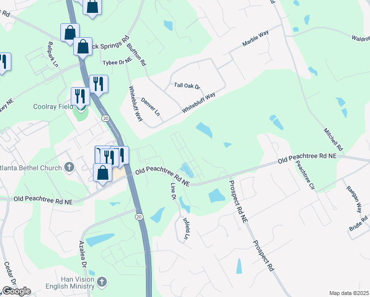 map of restaurants, bars, coffee shops, grocery stores, and more near 2370 Whistler Way NE in Lawrenceville