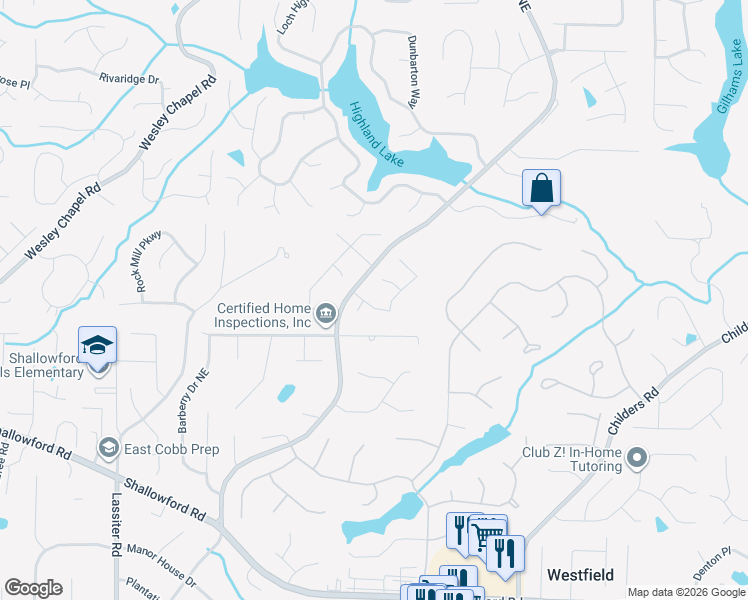 map of restaurants, bars, coffee shops, grocery stores, and more near 4255 Shipyard Trace in Roswell