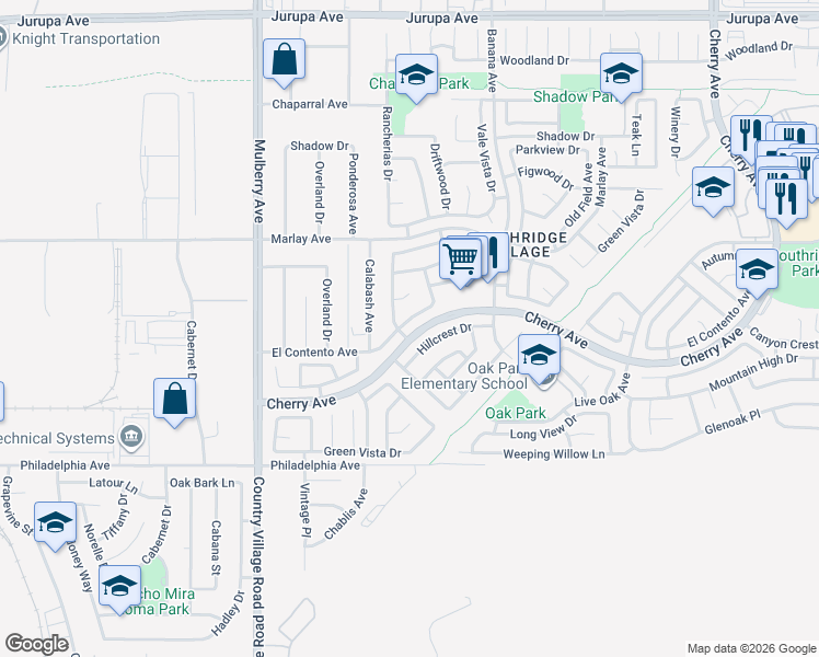 map of restaurants, bars, coffee shops, grocery stores, and more near 13965 El Contento Ave in Fontana