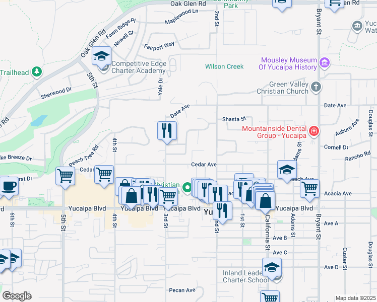 map of restaurants, bars, coffee shops, grocery stores, and more near 11845 Avalon Avenue in Yucaipa