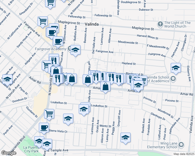 map of restaurants, bars, coffee shops, grocery stores, and more near 15735 Cadwell Street in La Puente
