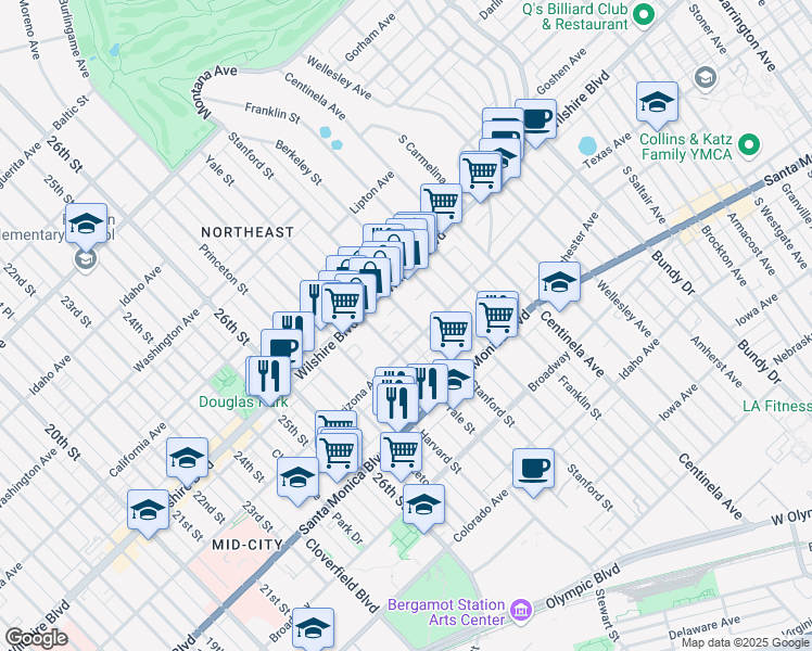 map of restaurants, bars, coffee shops, grocery stores, and more near 1244 Stanford Street in Santa Monica