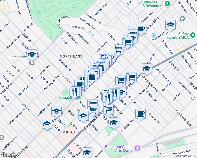 map of restaurants, bars, coffee shops, grocery stores, and more near 2838 Wilshire Boulevard in Santa Monica