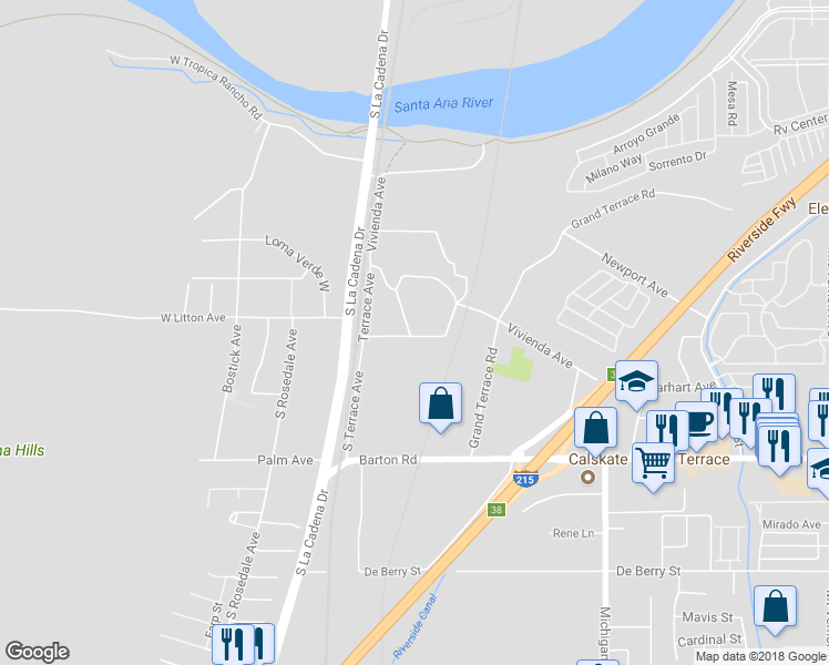 map of restaurants, bars, coffee shops, grocery stores, and more near 21758 Walnut Avenue in Grand Terrace