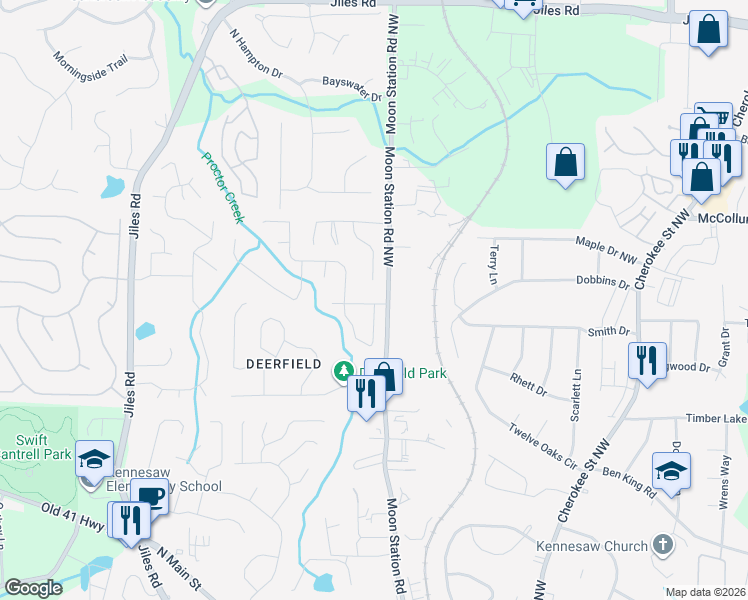 map of restaurants, bars, coffee shops, grocery stores, and more near 2002 Chesterfield Drive in Kennesaw