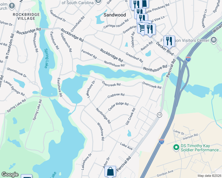 map of restaurants, bars, coffee shops, grocery stores, and more near 3540 Overcreek Road in Columbia