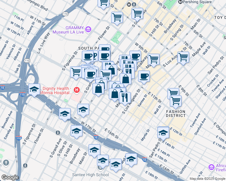 map of restaurants, bars, coffee shops, grocery stores, and more near 137 W 12th St in Los Angeles