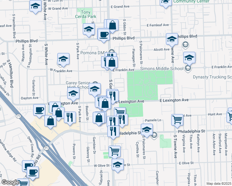 map of restaurants, bars, coffee shops, grocery stores, and more near 130 Ashbrook Lane in Pomona
