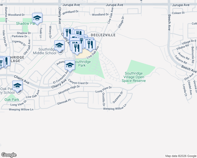 map of restaurants, bars, coffee shops, grocery stores, and more near 14754 Cinnamon Drive in Fontana