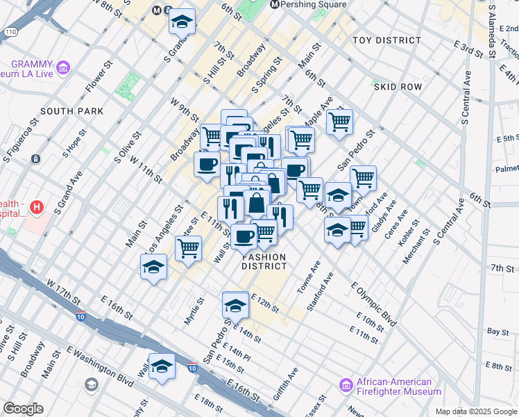 map of restaurants, bars, coffee shops, grocery stores, and more near 926a Wall Street in Los Angeles