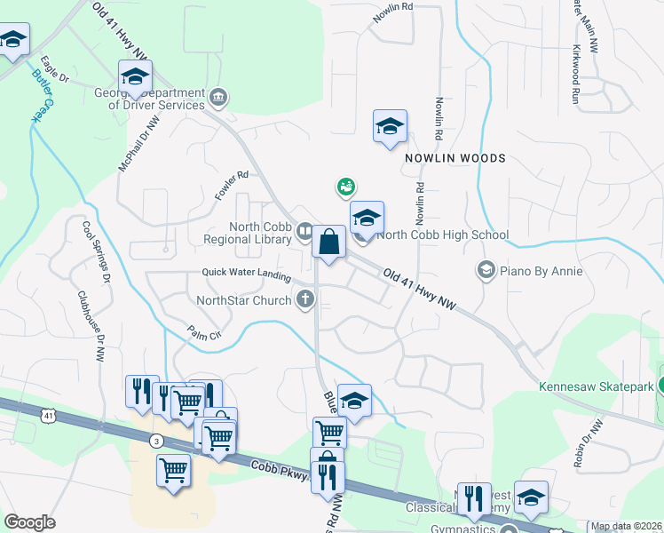 map of restaurants, bars, coffee shops, grocery stores, and more near 3440 Blue Springs Road in Kennesaw