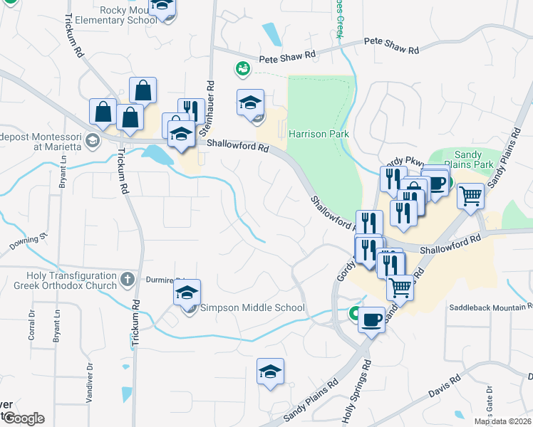 map of restaurants, bars, coffee shops, grocery stores, and more near 2680 Bonaire Terrace in Marietta