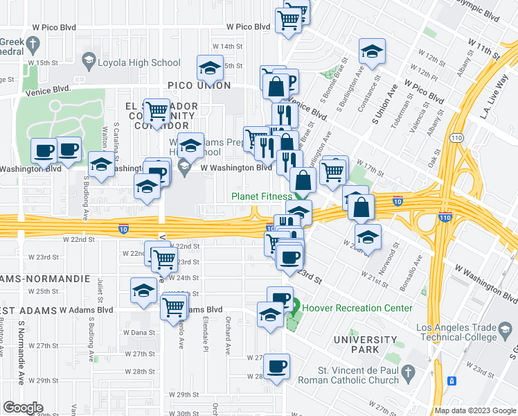 map of restaurants, bars, coffee shops, grocery stores, and more near 1354 West 20th Street in Los Angeles