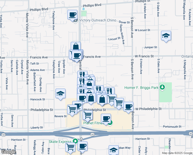 map of restaurants, bars, coffee shops, grocery stores, and more near 11868 Cayuga Place in Chino