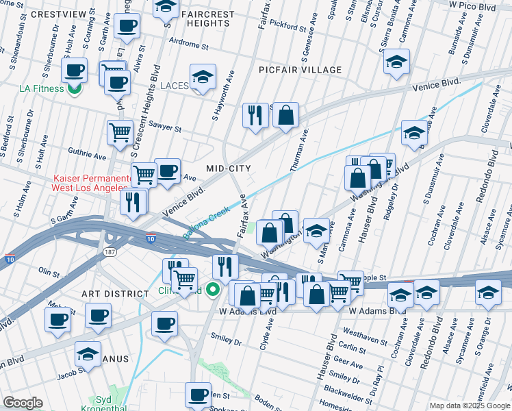 map of restaurants, bars, coffee shops, grocery stores, and more near 2218 South Genesee Avenue in Los Angeles