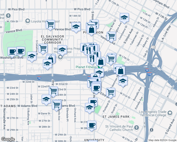 map of restaurants, bars, coffee shops, grocery stores, and more near 1332 West 20th Street in Los Angeles