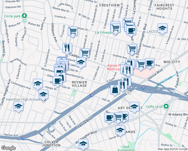 map of restaurants, bars, coffee shops, grocery stores, and more near 2415 South Halm Avenue in Los Angeles