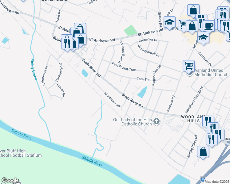 map of restaurants, bars, coffee shops, grocery stores, and more near 3212 Bush River Road in Columbia