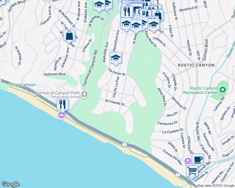 map of restaurants, bars, coffee shops, grocery stores, and more near 430 Vía De La Paz in Los Angeles